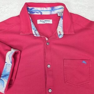 Tommy Bahama Island Zone Button Up Shirt Men Sz Medium Supima Cotton Pink Fiesta